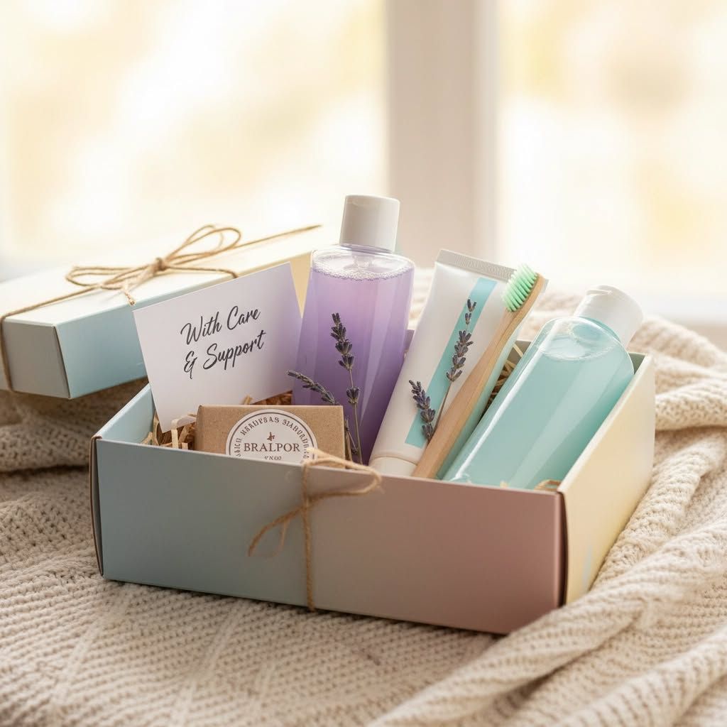 A care package with toiletries and a note reading With Care and Support